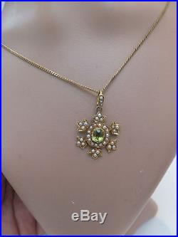 15ct gold peridot & seed Pearl Victorian Art Nouveau pendant on 9k chain, 625,375