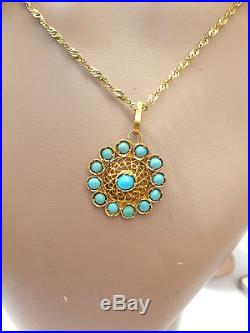 18ct/ 18k gold Turquoise cluster pendant on a 9ct gold chain, 750, 375