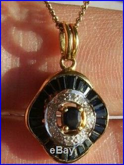 18ct Gold Diamond Sapphire Pendant On A Well Matched 9ct Gold Necklace Chain