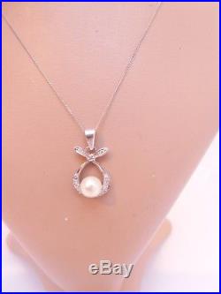 18ct gold cultured pearl diamond art deco design pendant on 9ct gold chain