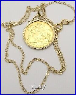 22ct solid gold British Victorian 1898 half sovereign in 9ct pendant and chain