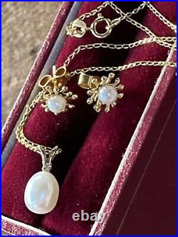 9CT Yellow Gold Diamond and Pearl Pendant, Chain Necklace / Earrings Set, NEW