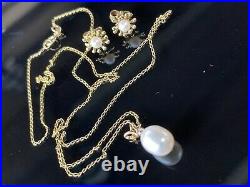 9CT Yellow Gold Diamond and Pearl Pendant, Chain Necklace / Earrings Set, NEW