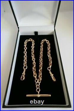 9ct 375 ROSE GOLD ALBERT & T-BAR 15.25 chain double clip clasp chunky oval link