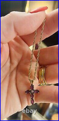 9ct Gold Buttery antique&vintage gold chain & lavender ameythst &diamond cross