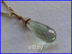 9ct Gold Diamond Faceted Green Amethyst Pendant And Twist Chain