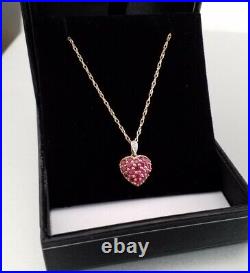 9ct Gold Diamond & Ruby Heart Necklace Pendant & Chain 2.2 Grams Boxed H/mark