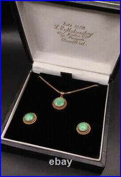 9ct Gold Green Jade Pendant Necklace & Earrings Set. 16 Curb Link Chain