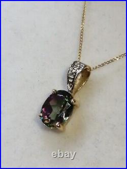 9ct Gold Ladies Mystic Topaz Diamond Pendant And Chain