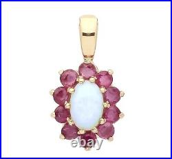 9ct Gold Natural Opal & Ruby Cluster Pendant NECKLACE 18 Chain Solid 9K NEW