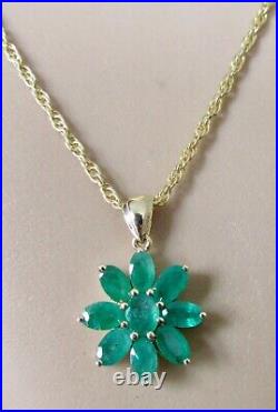 9ct Gold Necklace 9ct Yellow Gold Emerald Flower Cluster Pendant & Gold Chain