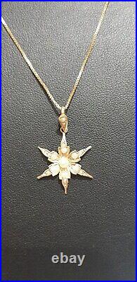 9ct Gold Starburst Seed Pearl Pendant With 9ct Gold Chain Stunning See Photo