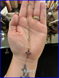 9ct Gold buttery antique gold chain and ameythst diamond cross pendant