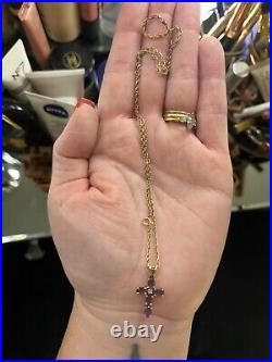 9ct Gold buttery antique gold chain and ameythst diamond cross pendant
