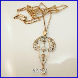 9ct Rose Gold Pearl Pendant With Antique Chain Antique Victorian Edwardian