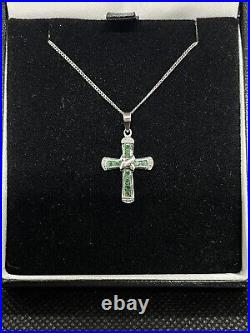 9ct White Gold Emerald & Diamond Cross Pendant And Chain