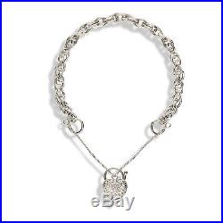 9ct White Gold Engraved Rope Charm Bracelet Heart Padlock Charms Safety Chain
