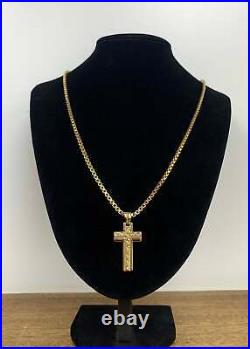 9ct Yellow Gold Box Chain Necklace with Cross Pendant 24 34.2g