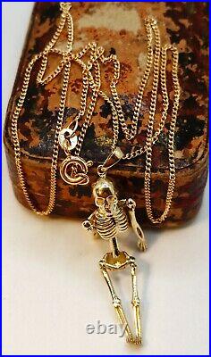 9ct gold novelty articulated skeleton pendant necklace + curb chain 16 & 18 inch