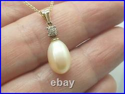 9k 9ct gold pearl and diamond pendant necklace new 18'' trace chain hallmarked