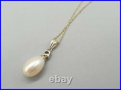 9k 9ct gold pearl and diamond pendant necklace new 18'' trace chain hallmarked
