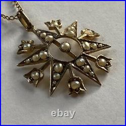 ANTIQUE 9ct GOLD VICTORIAN SEED PEARL STAR PENDANT 9k 375 Chain Necklace 1880c
