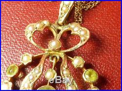 Antique Edwardian 9ct Gold Pearl Peridot Lavaliere Pendant Necklace & Chain