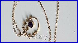 ANTIQUE EDWARDIAN 9ct GOLD Necklace Lavalier Seed Pearl Amethyst Pendant & Chain