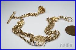 ANTIQUE ENGLISH 9ct GOLD ALBERTINA WATCH CHAIN BRACELET with SEAL FOB, T BAR etc