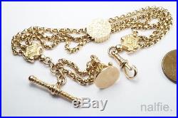 ANTIQUE ENGLISH 9ct GOLD ALBERTINA WATCH CHAIN BRACELET with SEAL FOB, T BAR etc