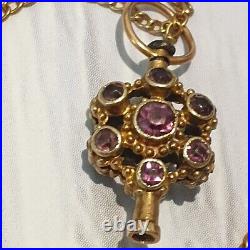 ANTIQUE Jewelled Ladies WATCH KEY & CHAIN NECKLACE 9ct Emerald Amethyst Glass