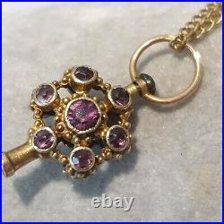 ANTIQUE Jewelled Ladies WATCH KEY & CHAIN NECKLACE 9ct Emerald Amethyst Glass