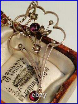 Antique 9ct Gold Amethyst Seed Pearl Lavaliere Pendant With Victorian Gold Chain