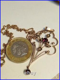 Antique 9ct Gold Amethyst Seed Pearl Lavaliere Pendant With Victorian Gold Chain