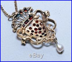 Antique 9ct Gold Garnet & Pearl Luckenbooth Pendant & Chain In Heart Case