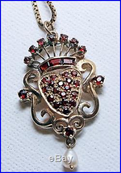 Antique 9ct Gold Garnet & Pearl Luckenbooth Pendant & Chain In Heart Case