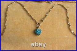 Antique 9ct Gold Turquoise Heart Mourning Locket Pendant Plaited Hair On Chain