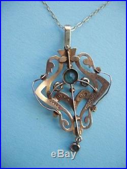 Antique Art Nouveau 9ct Gold Pendant & Chain, Aquamarines & Seed Pearls