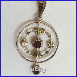 Antique Art Nouveau Arts & Crafts 9ct Gold Pendant & Chain Garnet & Seed Pearl