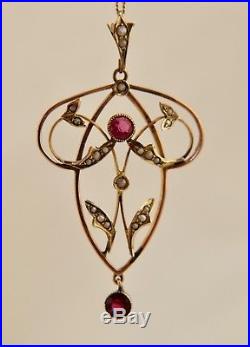 Antique C. 1800s Victorian 9ct 375 Rose Gold Garnet & Seed Pearl pendant & chain
