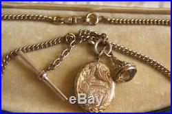 Antique Double Albert Watch Chain T Bar 9 Ct Gold Locket Pendant& Citrine Fob