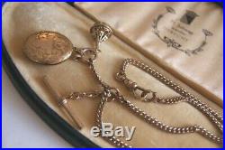 Antique Double Albert Watch Chain T Bar 9 Ct Gold Locket Pendant& Citrine Fob