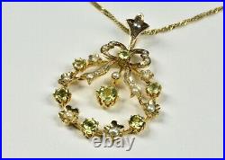Antique Edwardian 15ct Gold Peridot & Seed Pearl Pendant & 9ct Gold Chain c1905