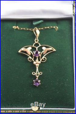 Antique Edwardian 9 ct gold amethyst pendant with chain