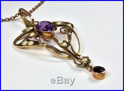 Antique Edwardian 9ct Gold Amethyst Seed Pearl Lavaliere Pendant & Chain, c1905