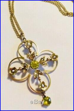 Antique Edwardian 9ct Gold, Peridot & Seed Pearl Necklace Pendant & Chain