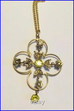 Antique Edwardian 9ct Gold, Peridot & Seed Pearl Necklace Pendant & Chain