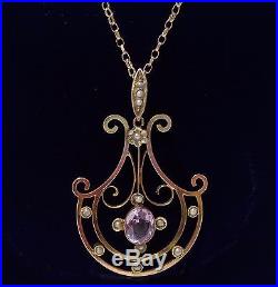 Antique Edwardian Amethyst and Seed Pearl Pendant with Chain in 9ct Gold