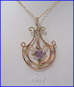 Antique Edwardian Amethyst and Seed Pearl Pendant with Chain in 9ct Gold