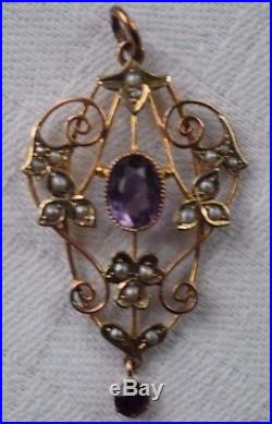 Antique Edwardian Dark Amethyst and Seed Pearl 9ct Gold Pendant. No chain